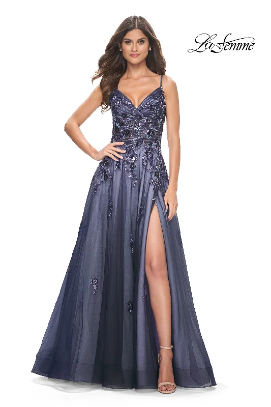 La Femme 32185 Two-Tone Sequin Surplice Gown Silver Sequin Dress