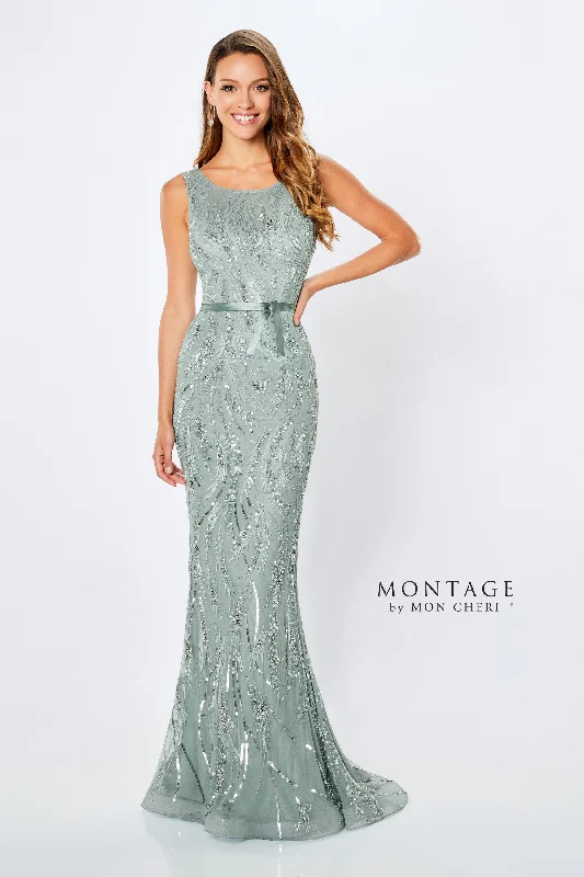 Montage 221965 Scoop Neck Fit & Flare Sequin Gown With Belt Sequin Cocktail Dress