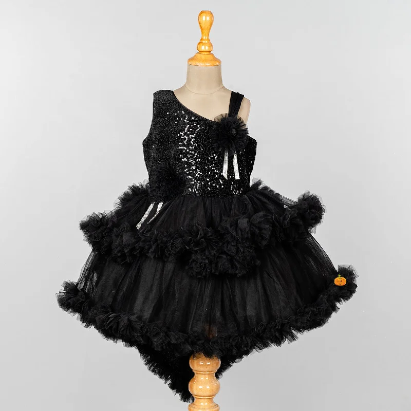 Black Sequin Layered Girls Frock Sequin Dress Style