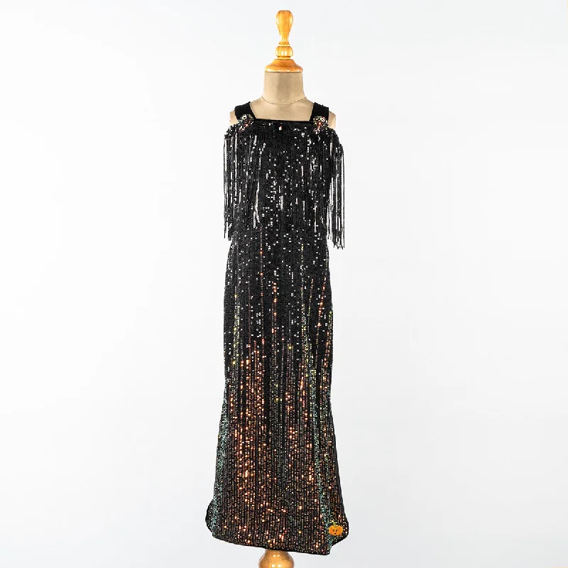 Long Black Sequin Girls Midi Sequin Dress Casual