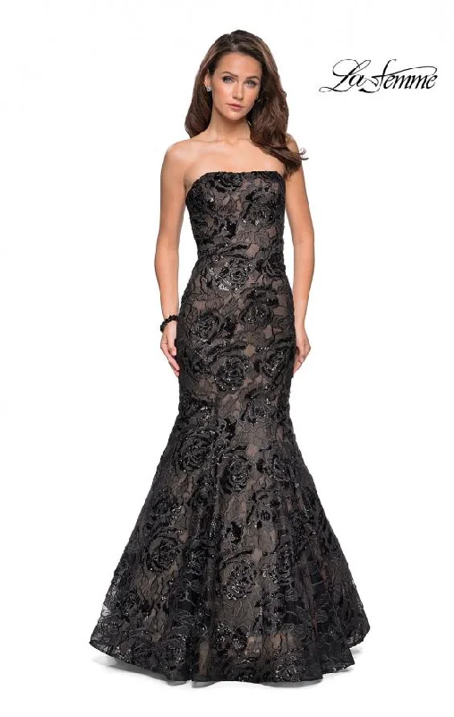 La Femme 27178 Strapless Mermaid Gown with All-over Sequin Embellished Lace Sparkly Sequin Dress