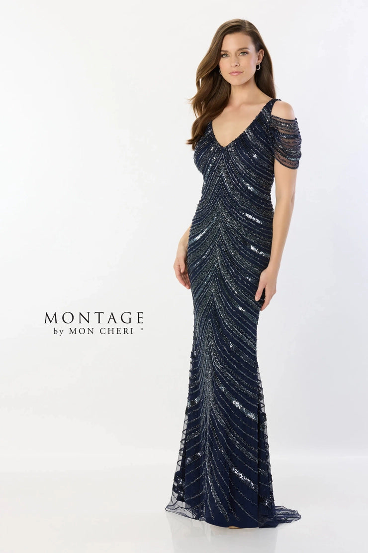 Montage M2244 Beaded V-Neck with Sequins and Tulle Sequin Backless Dress