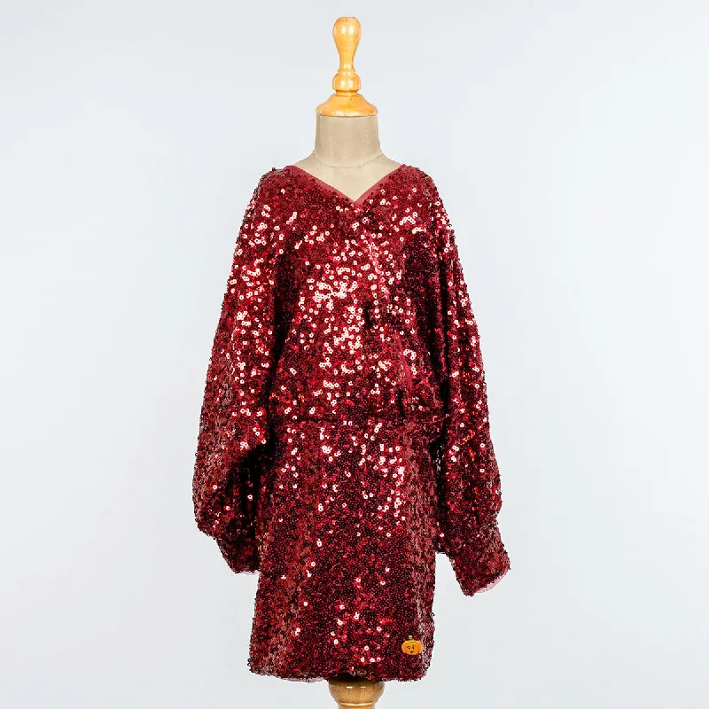 Maroon Sequin Girls Midi Gold Sequin Dress