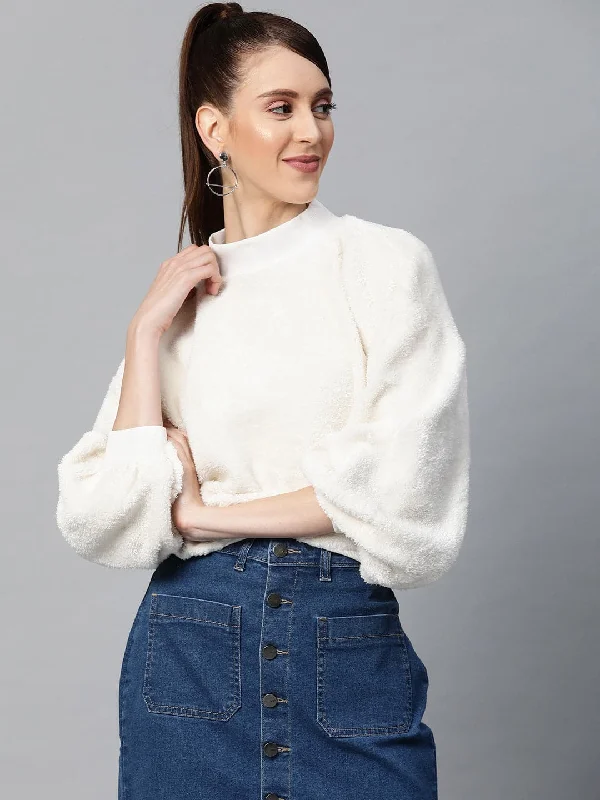 White Balloon Sleeve Faux Fur Sweatshirt Basic Hoodie Sweatshirt Look