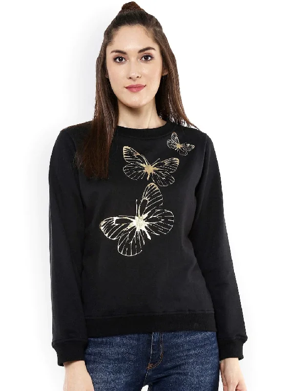 Black Sweatshirt with Foil Print Simple Hoodies for Women