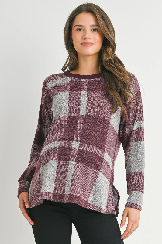 Plaid Crewneck Long Sleeve Maternity Pullover Top Pullover Sweater Outfit