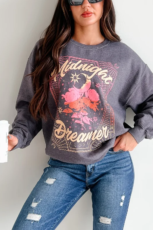 "Midnight Dreamer" Oversized Graphic Sweatshirt (Dark Grey) Casual Women’s Hoodies