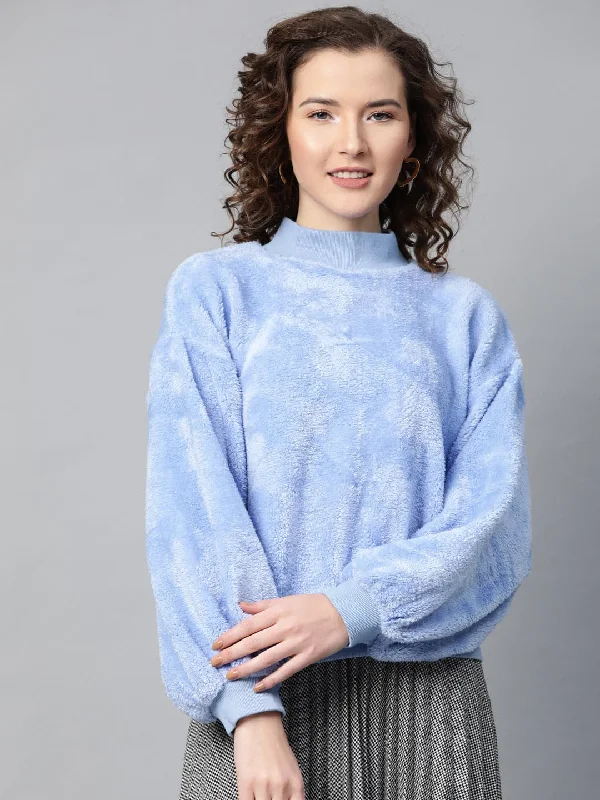 Blue Balloon Sleeve Faux Fur Sweatshirt Casual Graphic Hoodies