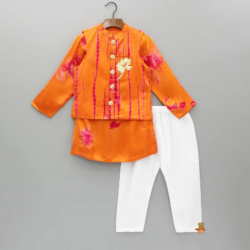 Pre Order: Orange Printed Kurta With Jacket And Pyjama Women's boho jackets