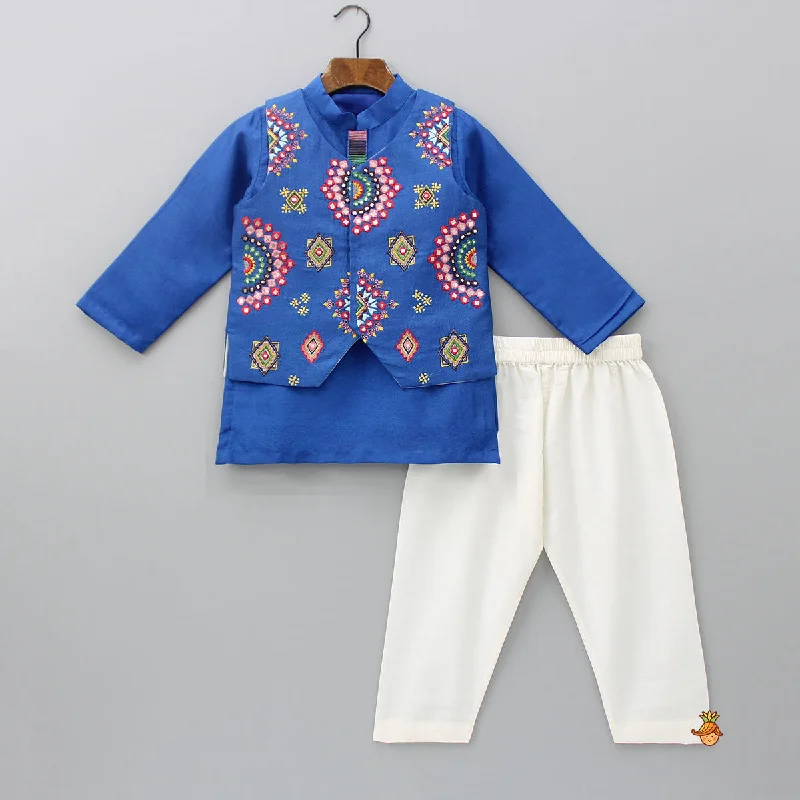 Pre Order: Blue Embroidered Jacket With Kurta And Pyjama Women's must-have jackets