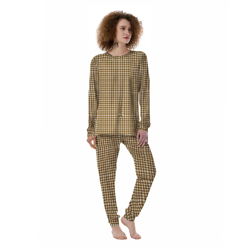 Gingham White And Brown Print Pattern Women's Pajamas Velvet pajama sets