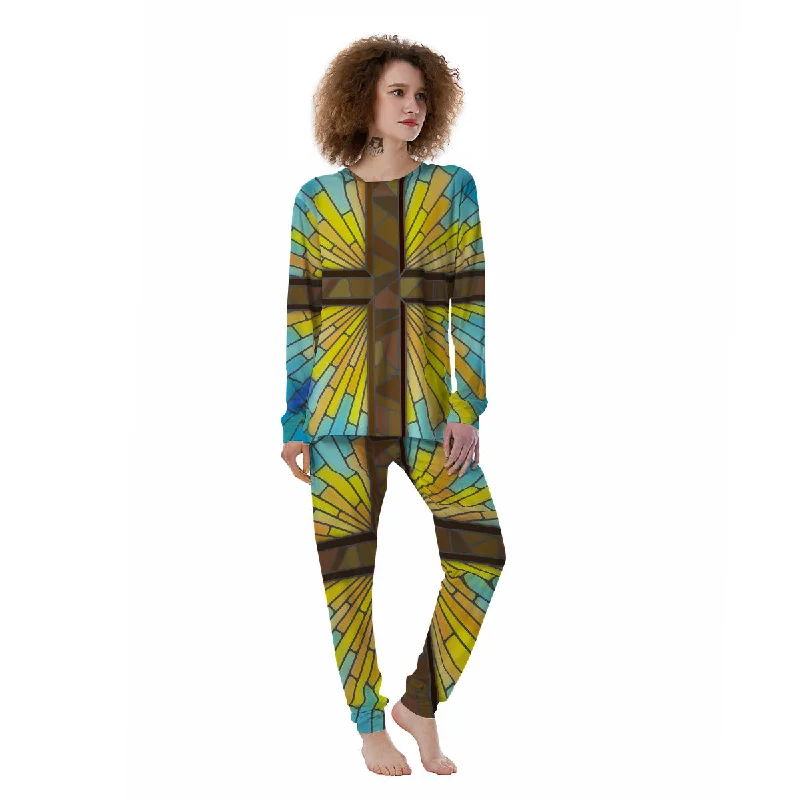 Glass Cross Blue Stained Print Women's Pajamas Best pajama sets for girls' night