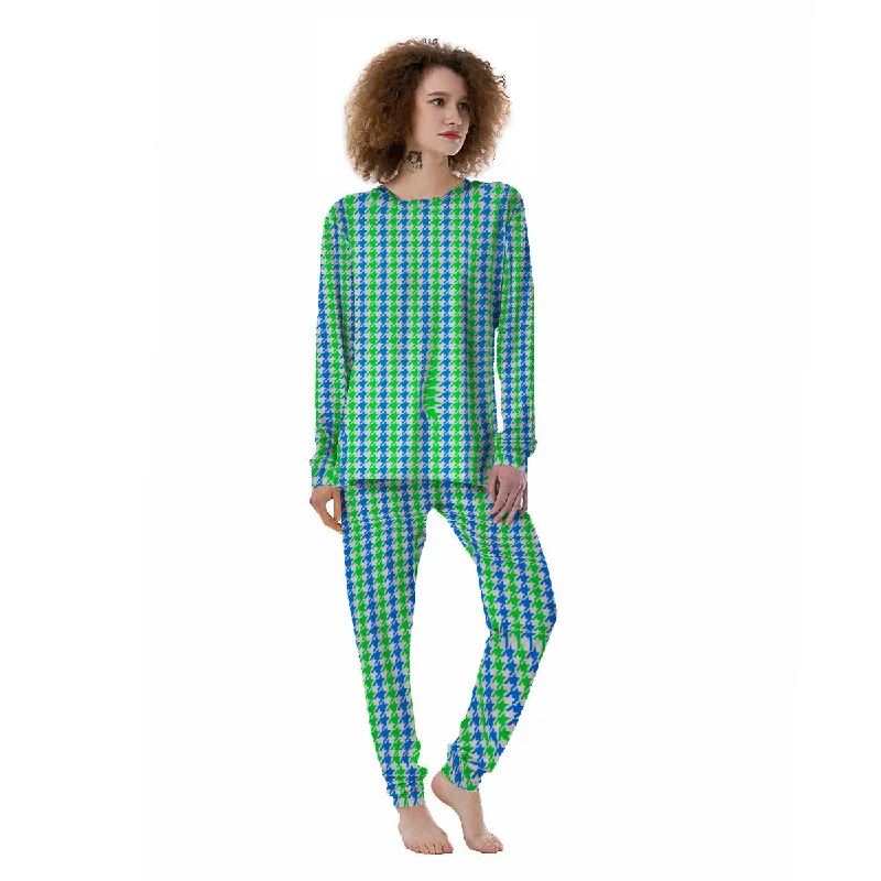 Green Blue And White Houndstooth Print Women's Pajamas Loungewear pajama sets