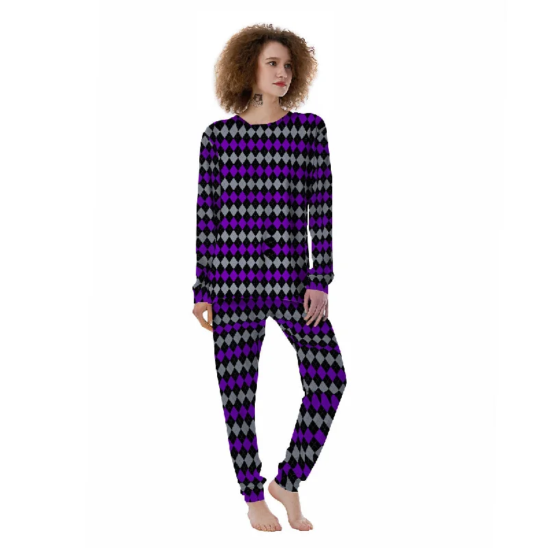 Grey Black And Violet Argyle Print Women's Pajamas Floral pajama sets