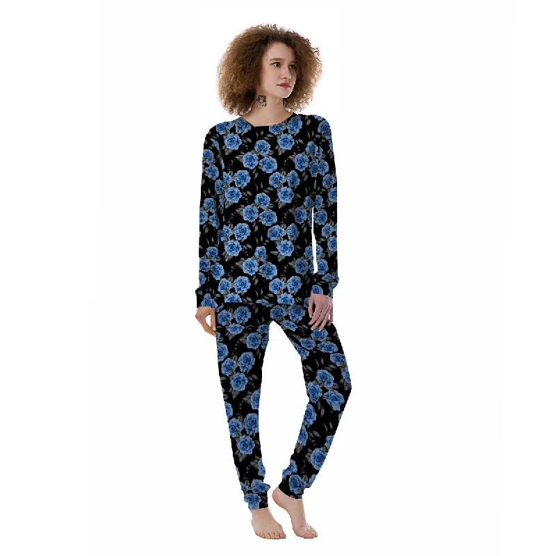 Grey Rose Floral And Blue Peony Print Women's Pajamas Warm pajama sets