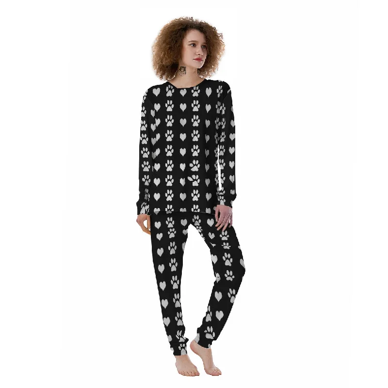 Heart And Black Paw Print Pattern Women's Pajamas Discounted pajama sets