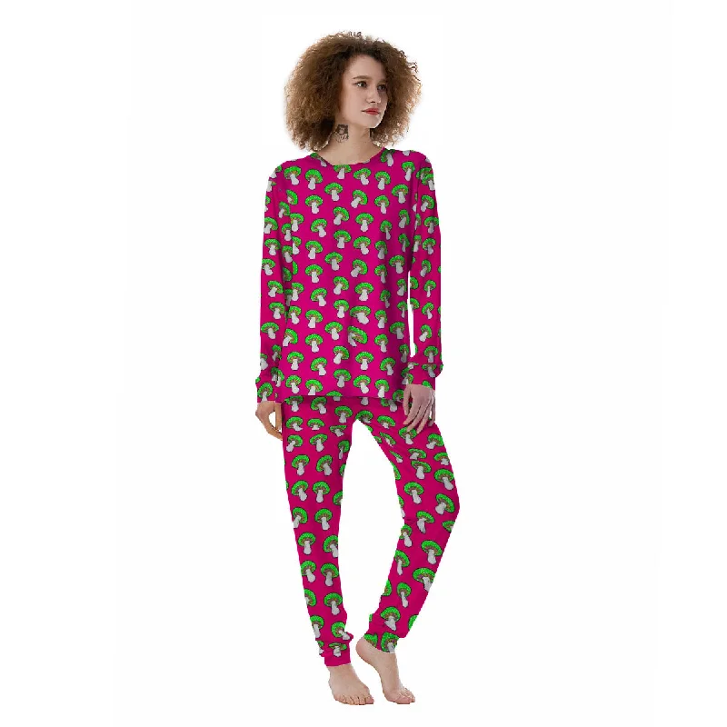 Hot Pink Crazy Mushroom Print Pattern Women's Pajamas Amazon pajama sets