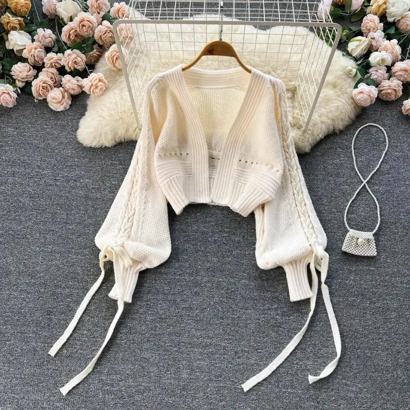 Autumn Solid Chic Knitted Crop Cardigans Sweet Winter Korean Elegant All Match Cardigan Fashion Lantern Sleeve Casual Sweaters Streetwear sweaters