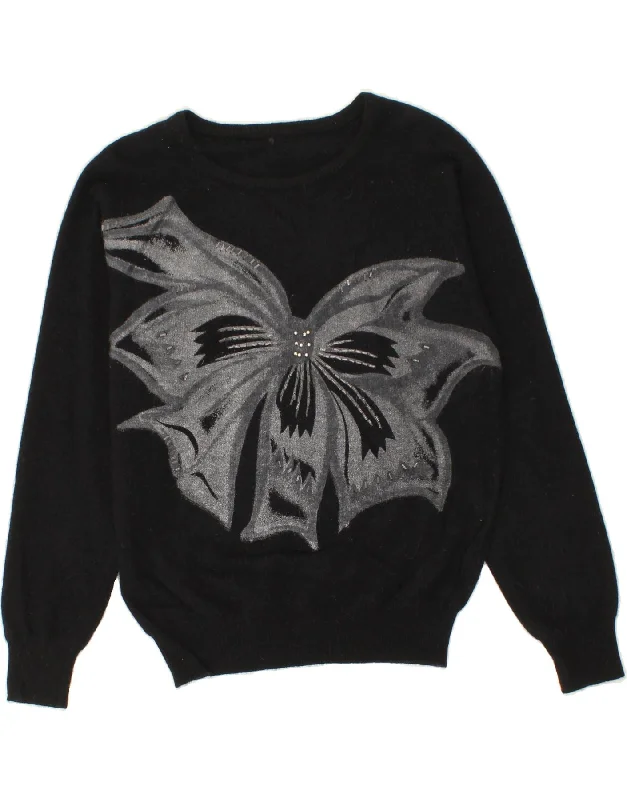 VINTAGE Womens Graphic Boat Neck Jumper Sweater UK 14 Medium Black Floral Fashionable sweaters