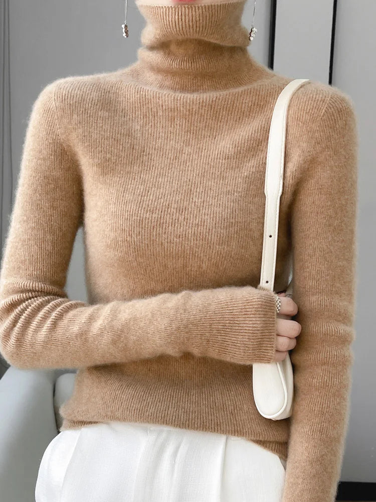 Women Turtleneck Sweater Autumn Winter Slim Basic Bottoming Pullover 100% Merino Wool Soft Kniwear Korean Popular Clothes Tops Zip-up sweaters