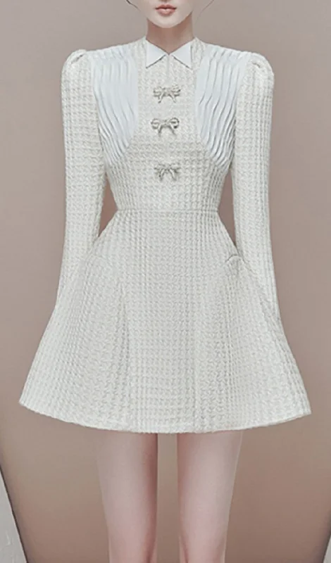 LONG SLEEVE BOW A-LINE MINI DRESS IN WHITE Stretchy mini dresses