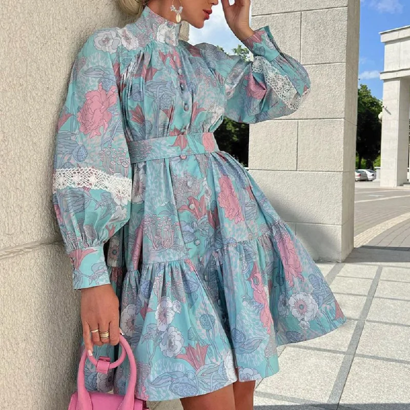 Long Sleeve High Neck Swing Print Dress Trendy mini dresses under $50