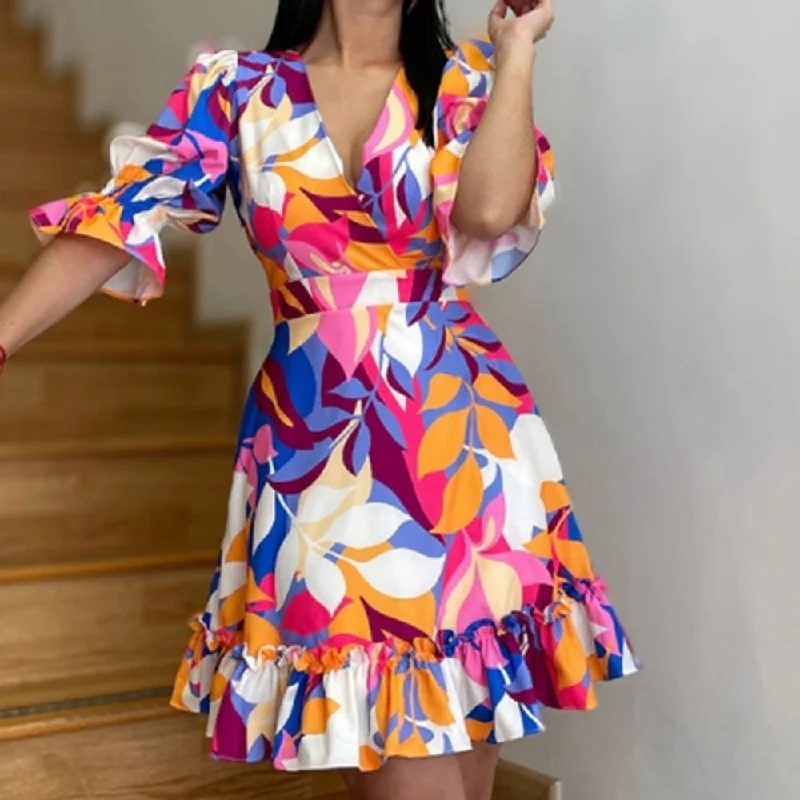 V-Neck Half Sleeves Print Ruffles Dress Graduation mini dresses