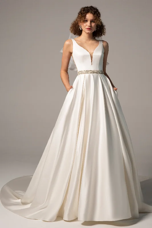 A-Line Chapel Train Satin Wedding Dress CW2364 Ruffle Wedding Gown