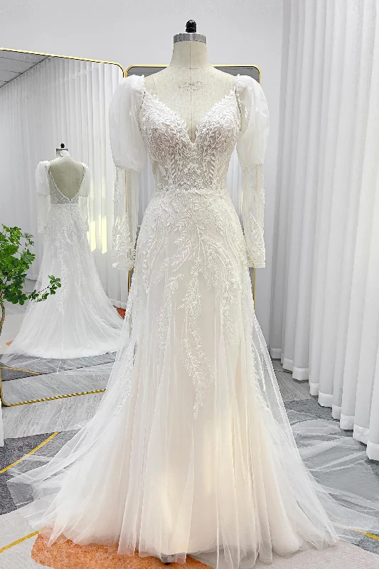 A-Line Court Train Lace Tulle Wedding Dress CW3243 A-line Bridal Dress