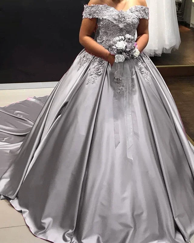 Princess Ball Gown Off The Shoulder Satin Dresses With 3D Flowers Wedding Dress Set