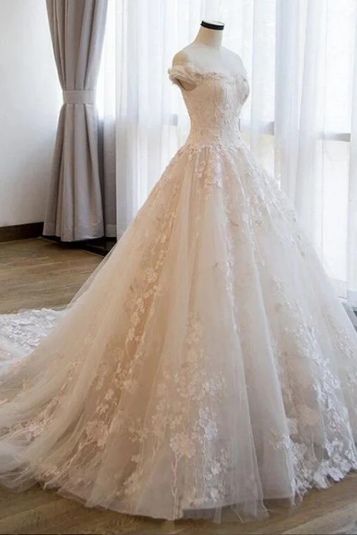 Ivory Ball Gown Off The Shoulder Lace Appliqued Wedding Dress Bridal Dress N2586 Sleeveless Wedding Dress