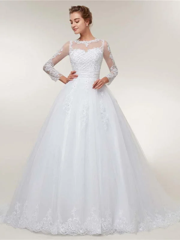 Elegant Long Sleeves Lace Detachable Train Ball Gown Wedding Dresses Open Back Dress