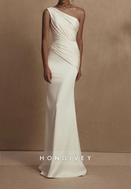 H1773 - Simple Satin Trumpet One Shoulder Ruched Beach Wedding Dress Off-shoulder Bridal Dress