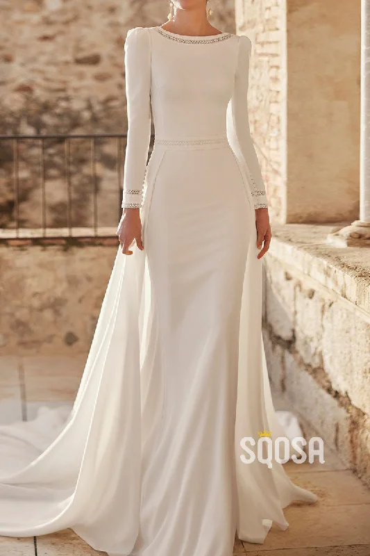 Elegant Satin Fitted Scoop Long Sleeve Beaded With Train Wedding Dress QW8196 Chic Lace Dress