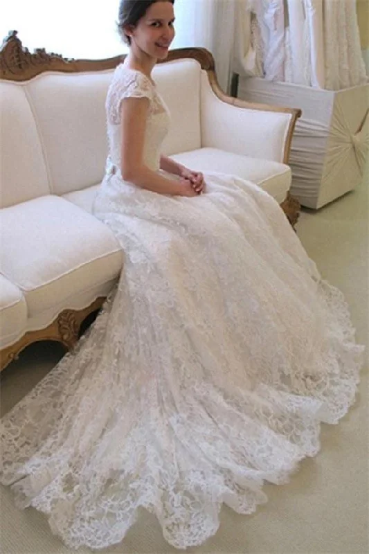 Elegant Ivory A-line Cap Sleeves Lace Long Wedding Dress Princess Wedding Dress