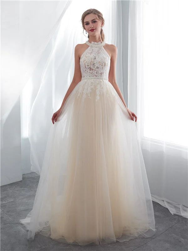 Halter Sleeveless See-though Lace Beading Long Tulle Wedding Dresses, WD0467 Off-shoulder Bridal Dress