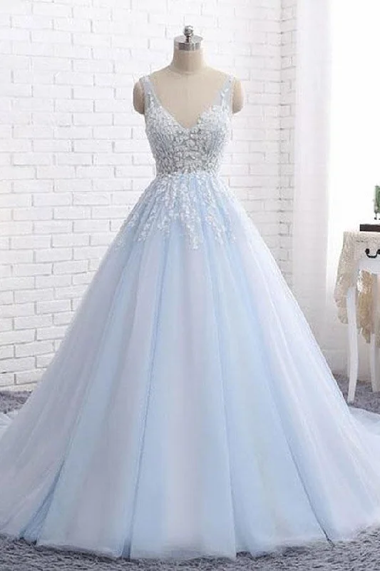 Light Blue V Neck Sleeveless Appliqued Tulle Ball Gown Wedding Dress Bridal Dresses Ball Gown Wedding