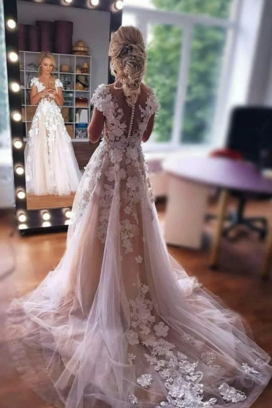 Romantic Sleeveless Aline Wedding Dress 3D Floral Lace Tulle Bridal Dress Sheer Wedding Dress