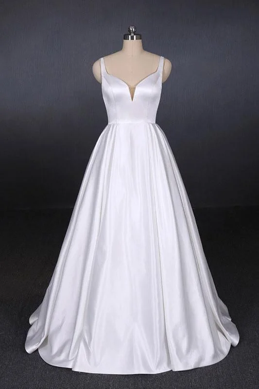 Simple Straps White Floor Length Satin Backless Satin Wedding Dress N2356 Wedding Dress Style