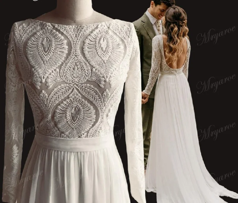 Boho Long Sleeve Lace Chiffon Detachable Train Bridal Wedding Dress Boho Wedding Gown