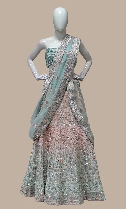 Aqua Green Velvet Embroidered Lengha Bright color unclassified skirts