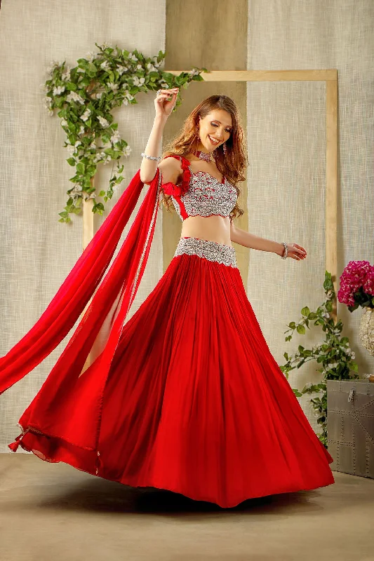 Elegant Red embroidered top and skirt Silk unclassified skirts