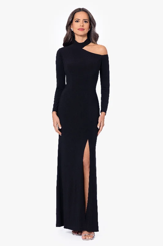 Petite "Aletta" Jersey Knit Long Sleeve One Shoulder Cut Out Long Dress Silk maxi dresses