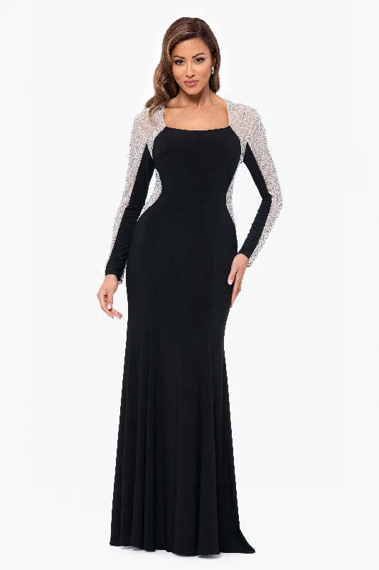 "Justina" Long Jersey Knit Caviar Beaded Long Sleeve Scoop Neck Dress Elegant maxi dresses