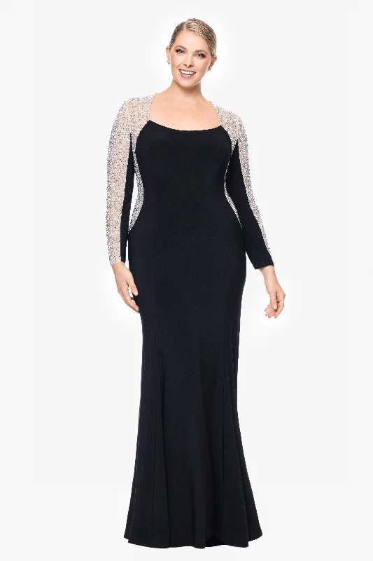 Plus "Justina" Long Jersey Knit Caviar Beaded Long Sleeve Scoop Neck Dress Comfortable maxi dresses for everyday wear