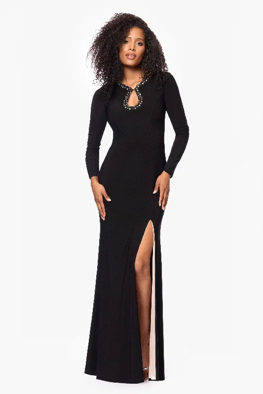 "Marcella" Long Jersey Knit Beaded Keyhole Neck Floor Length Dress Winter maxi dresses