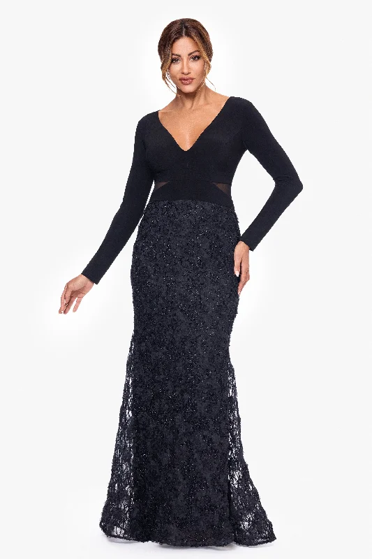 "Melrose" Long Jersey Knit and Soutache Long Sleeve Dress Hot new arrivals in maxi dresses