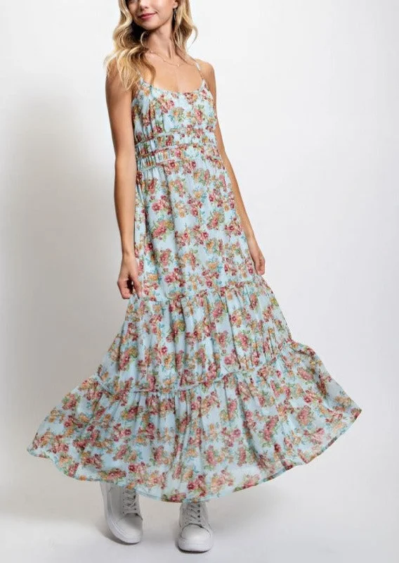 Baby Blue Floral Tiered Maxi Dress Bodycon maxi dresses