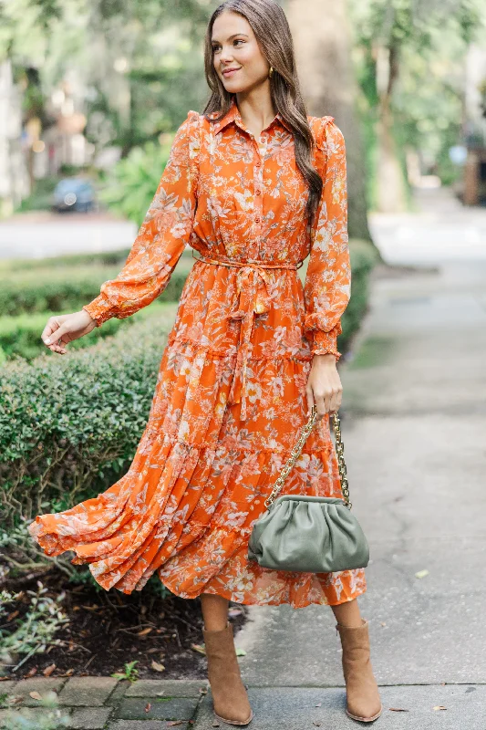 Found The One Rust Orange Floral Midi Dress Elegant midi dresses