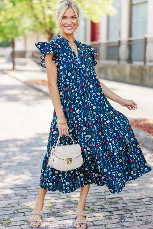 Just For Today Navy Blue Floral Midi Dress Corset midi dresses